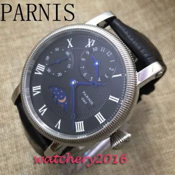 

Parnis 43mm black dial GMT Mechanical Moon phase hand winding Blue Hands Men's Wrist Watch