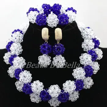 

Gorgeous Royal Blue&Clear White African Beaded Lace Jewelry Set Nigerian Wedding Crystal Beads Necklace Set Free Shipping ABK915
