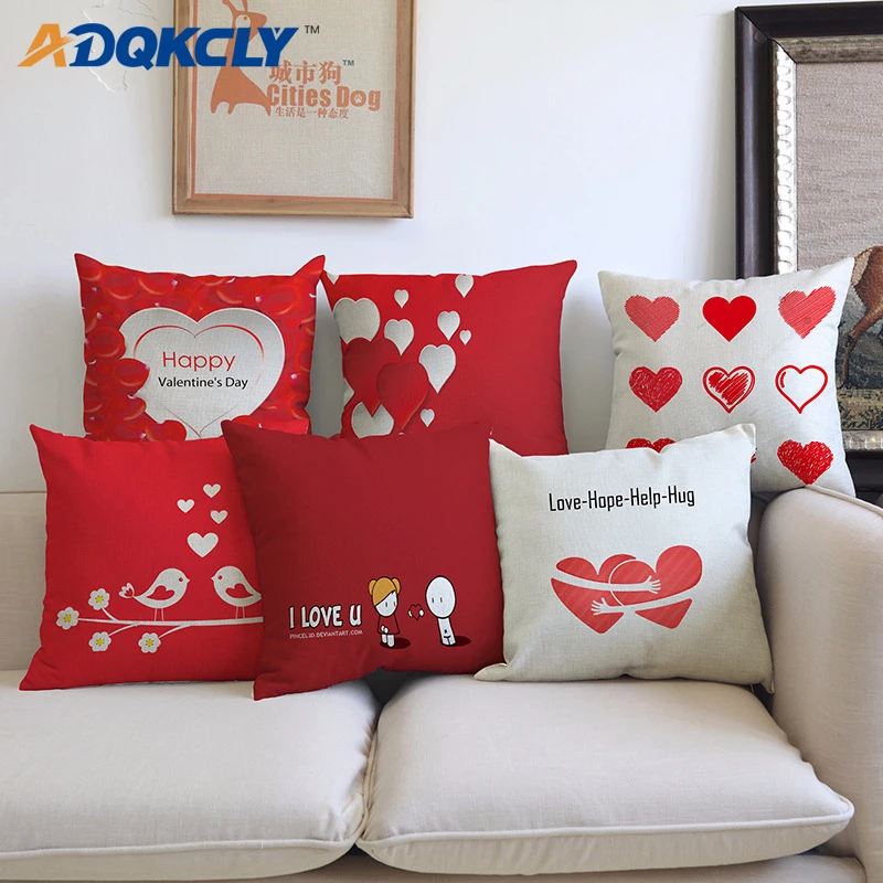 ADQKCLY Red Heart Linen Cushion Cover Love Letters Printed throw Pillowcase Home Textile for Seats Car Decorative Pillow Covers | Дом и сад