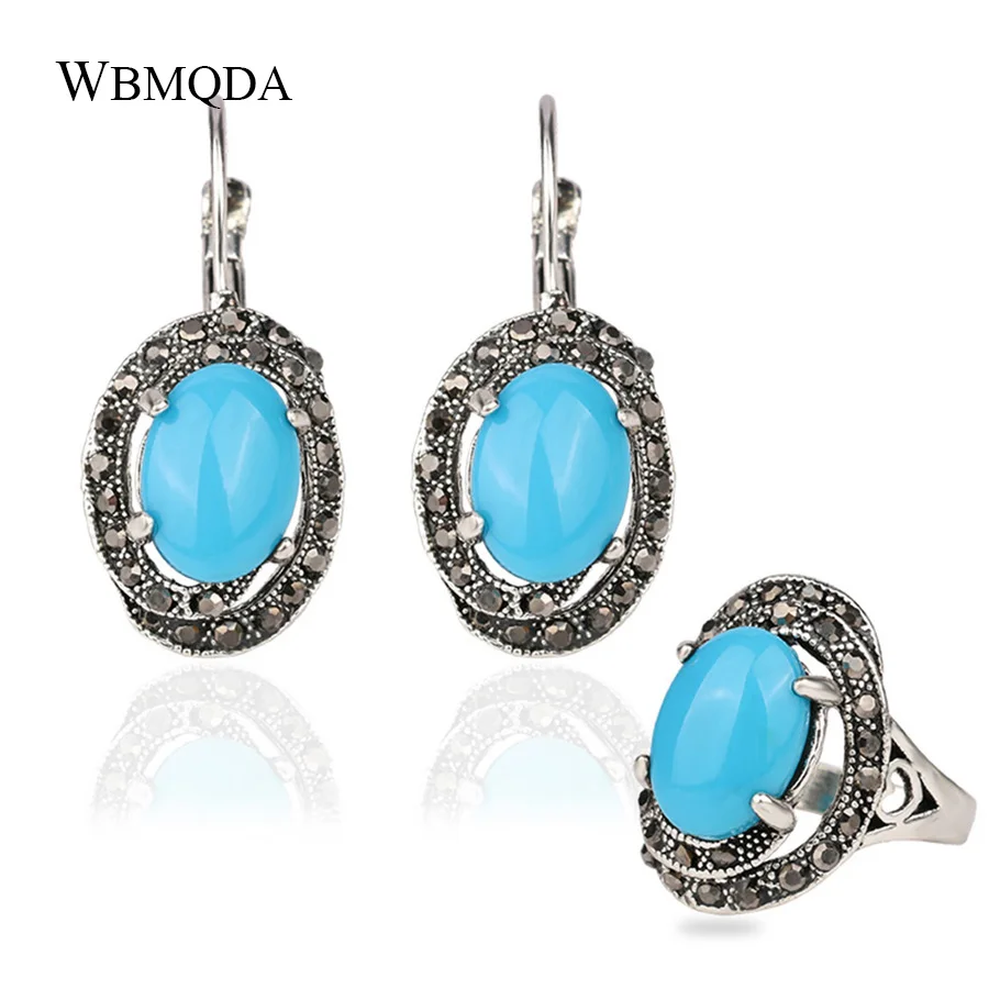 

2 Pcs/lot Vintage Bohemian Jewelry Sets Big Blue Stone Black Crystal Ring Earrings For Women Fashion Tibetan Silver Jewelry 2018