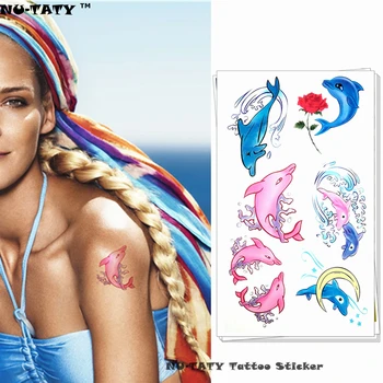 

Nu-TATY Blue Pink Dolphin Temporary Tattoo Body Art Arm Flash Tattoo Stickers 17*10cm Waterproof Fake Henna Painless Tattoo