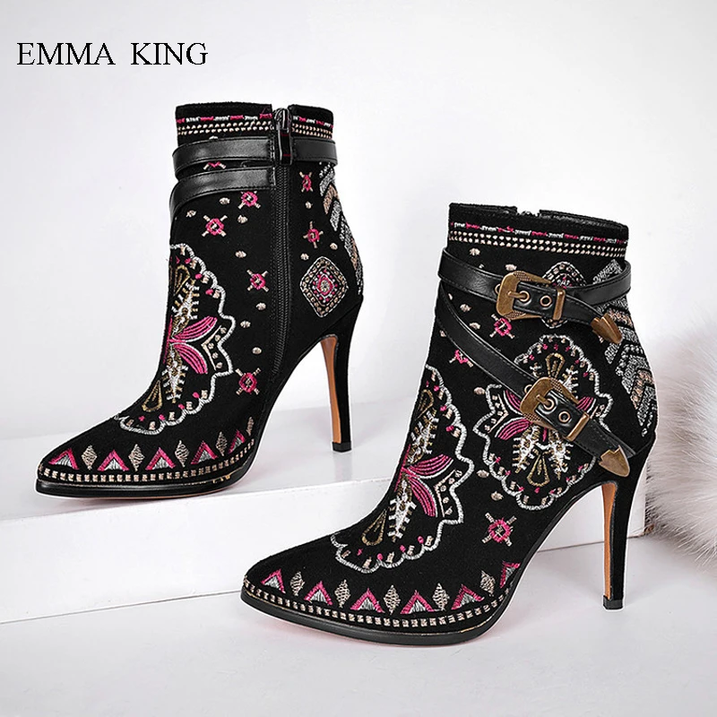 

Black Botas Mujer Ethic Style Exquisite Embroider Buckle Zipper Ankle Boots Women Autumn Winter Stiletto High Heels Shoes Woman