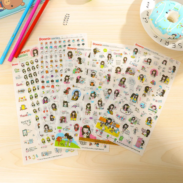 

Korea stationery diy album long hair girl journal decoration stickers cartoon expressions cute sticker