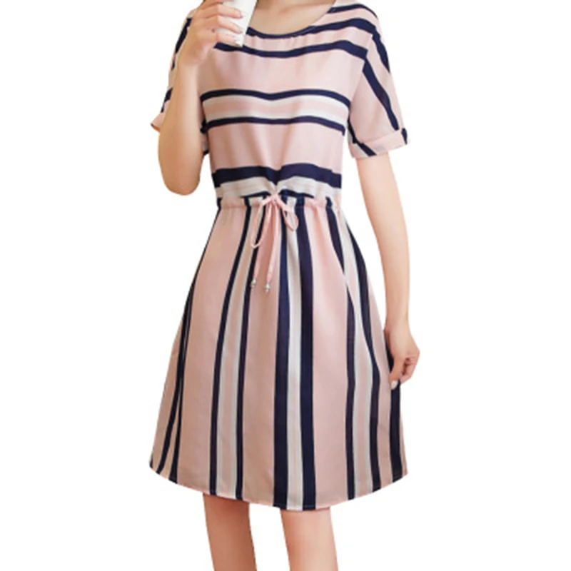 New Drawstring Belt Elegant Dress Striped Belt Slim Dress Female Short