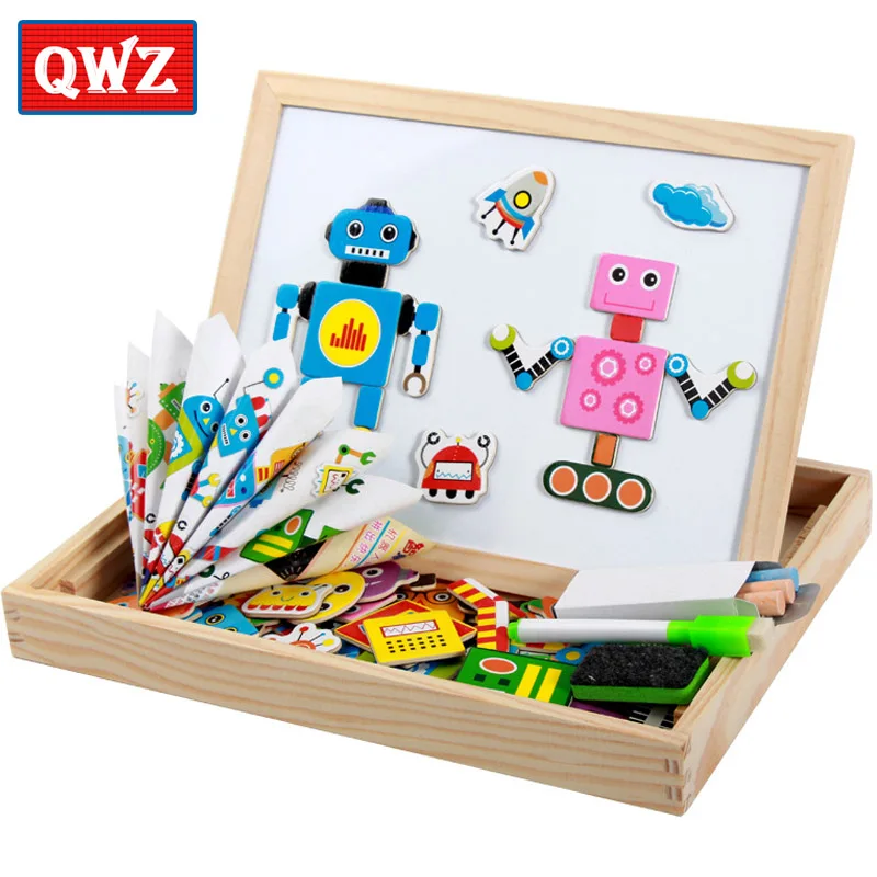QWZ детские деревянные головоломки Многофункциональный двусторонняя магнитная рисунок Moard головоломка Робот игрушки животных для детей