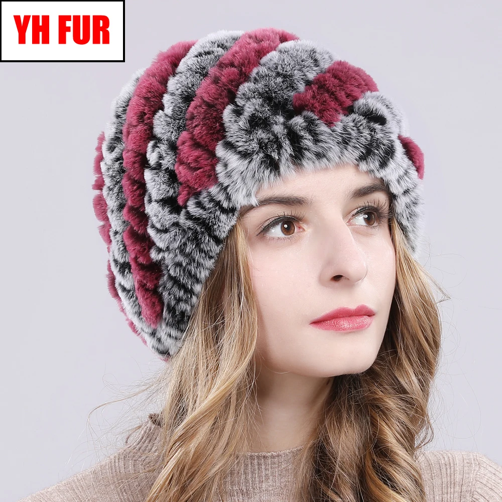 

Winter Russian Women Real Rex Rabbit Fur Hats Handmade Knitted Genuine Rex Rabbit Fur Cap Warm Quality Rabbit Fur Beanies Hat