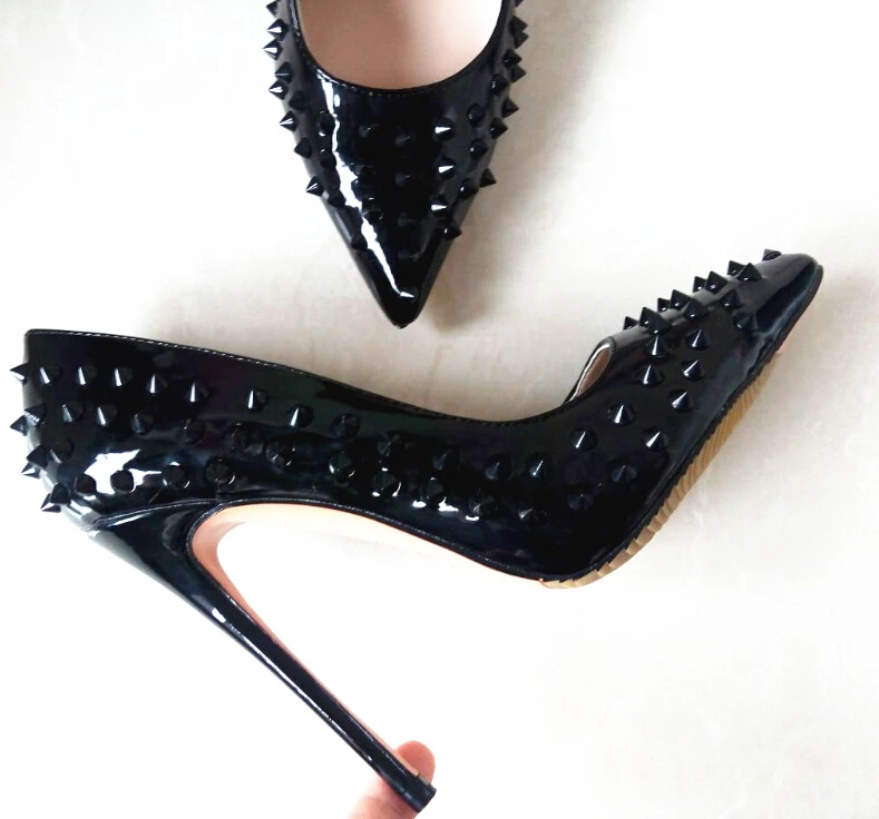 

Hot Sale Black Sexy Dress Pumps Stiletto Heels Pointed Toe Rivet Patent Leather For Women Ultra High Heel Studded Shoes