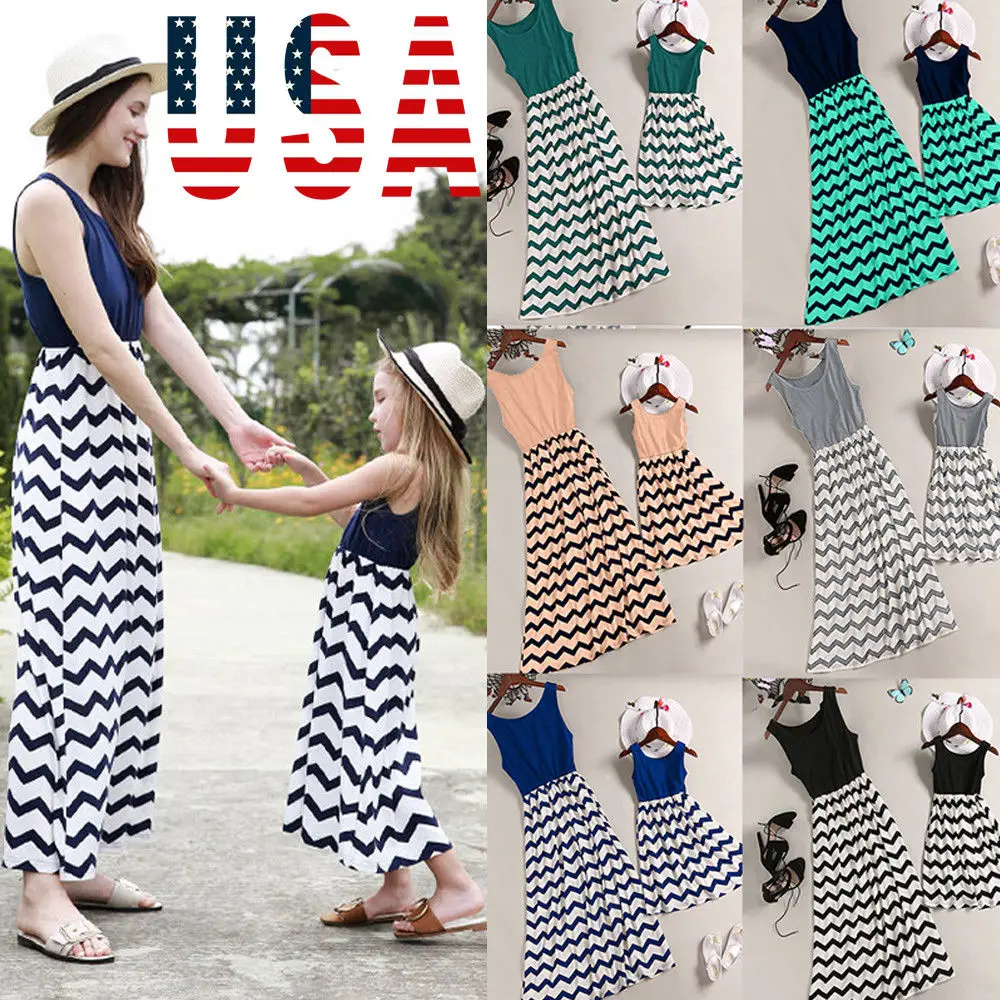 

Mother and daughter dresses Striped matching mom girls Maxi Dress Family Clothes
