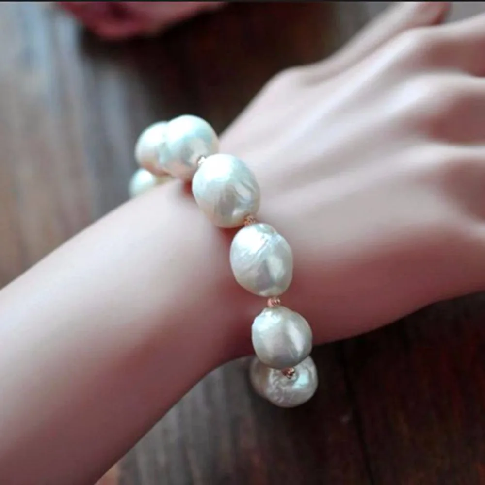 

S925 Sterling silver 100% Natural white Baroque big 11-13mm Pearl Bracelet Fashion elasticity bracelets For women Free shipping