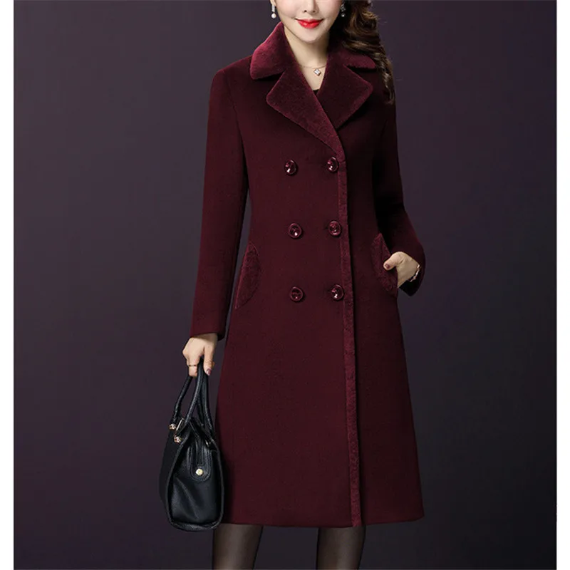 Большие размеры зимнее женское пальто повседневное модное с карманами элегантное OL уличная дамское пальто - Цвет: Бургундия