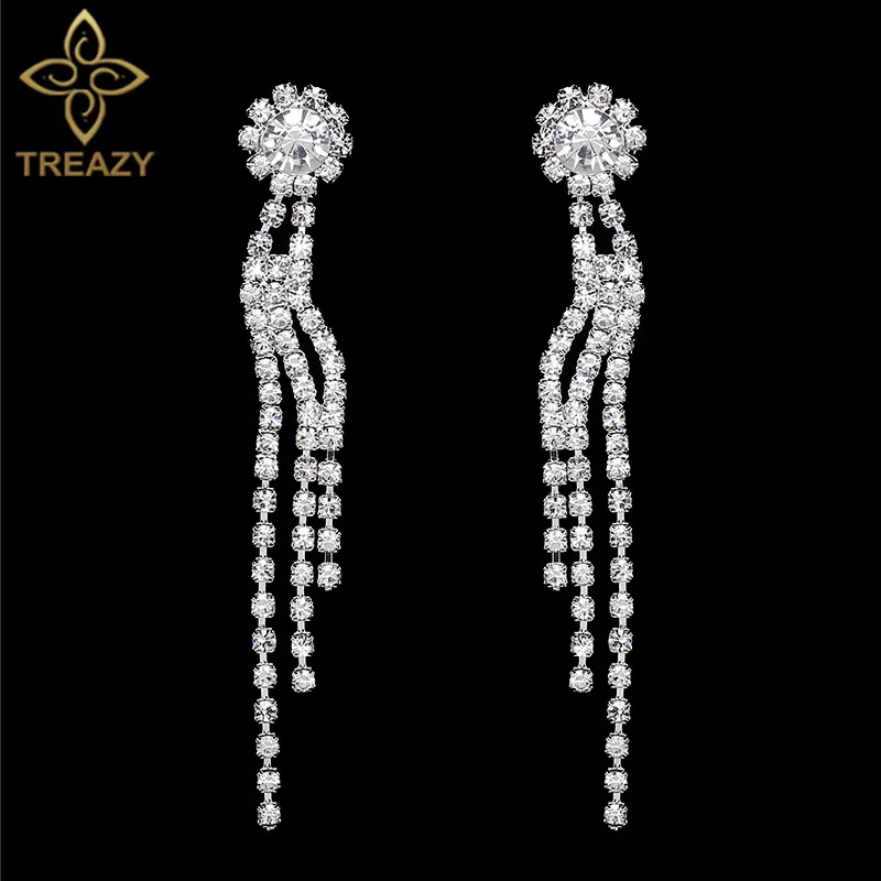 

TREAZY Elegant Rhinestone Crystal Tassel Drop Earrings for Women Wedding Party Hanging Long Dangle Earrings Bridal Brincos