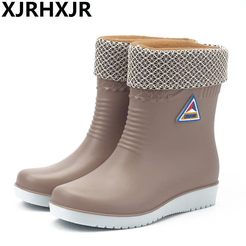 

XJRHXJR Women Winter Mid-Calf Warm Rainboots Non-Slip Work Warm Winter Shoes Waterproof Water Shoes Woman Wellies Rain Boots