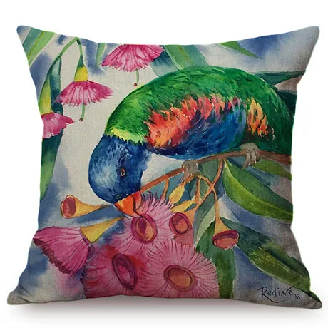 Parrot Nordic Watercolor Art Luxury Home Decorative Sofa Throw Pillow Case Colorful Charming Bird Cotton Linen Car Cushion Cover K103-3