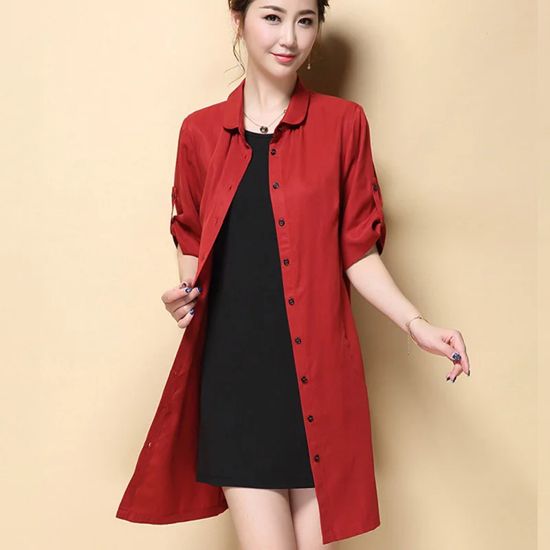 Plus Size Solid Color Office Ladies Summer Long Coat Women Slim Trench ...