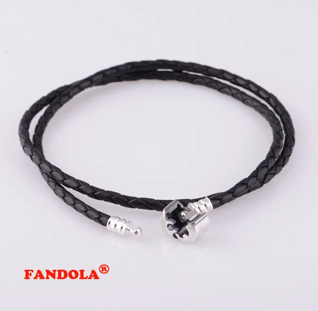 

925 Sterling Silver Jewelry Black Clip Black Leather Bracelets Free Shipping