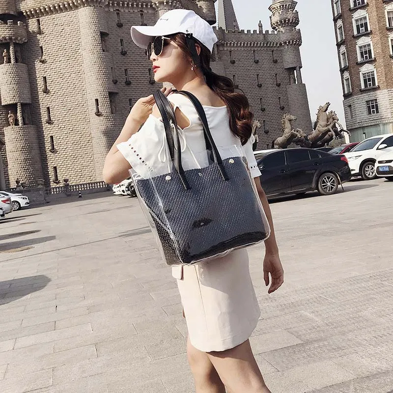 New Women Summer Transparent Handbag INS Popular Female Travel Straw Composite Bags Beach Lady Shoulder Bag Large Bolsa SS3316 (3)