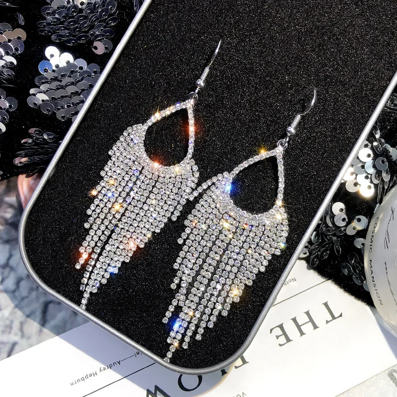 

Shiny Side New Women's Fashion Brand Jewelry Elegant Crystal Tassel Dangel Earrings for Women Gift Long Drop Earrings