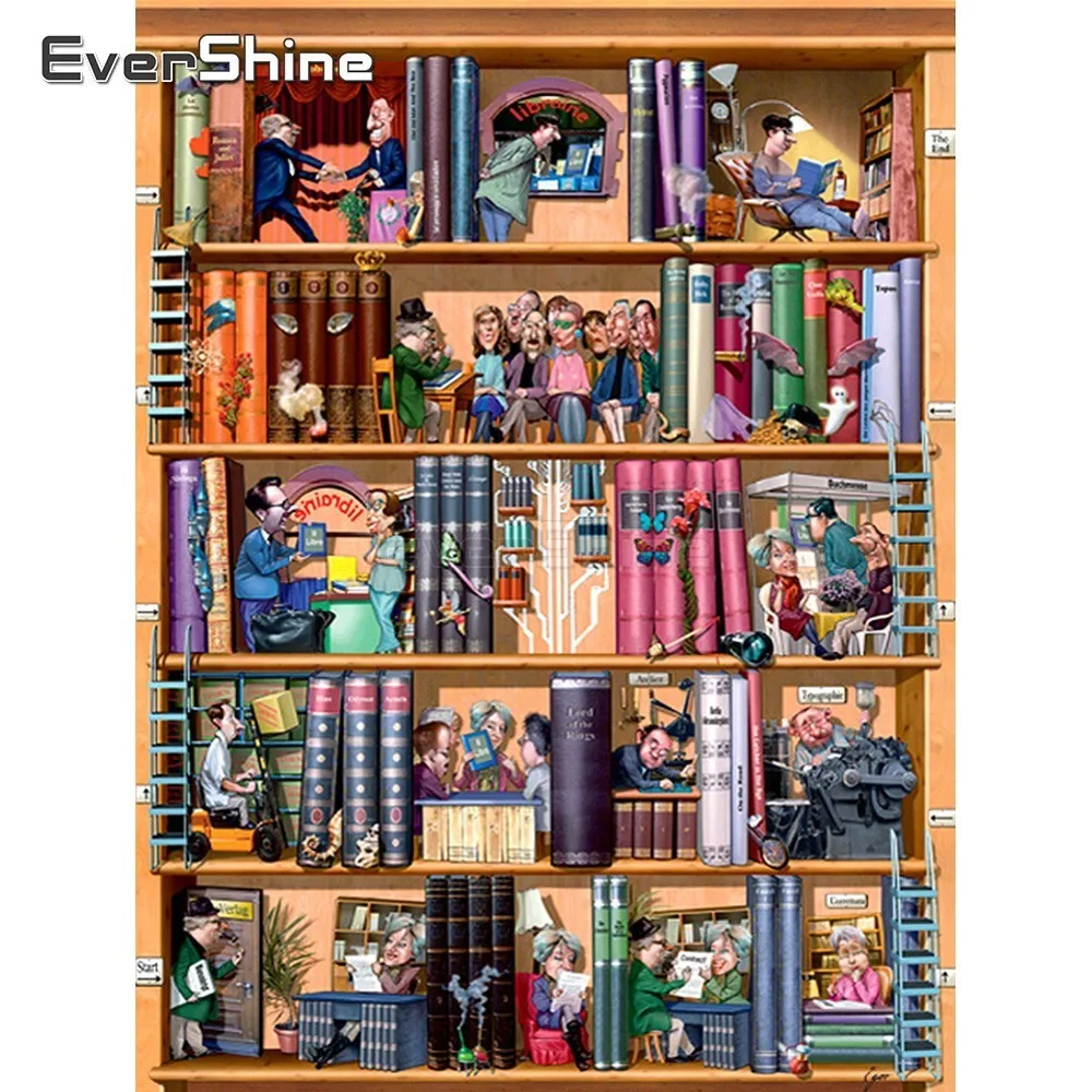 

EverShine Diamond Mosaic Bookshelf Picture Of Rhinestones Diamond Painting Cartoon Scenery Cross Stitch Diamond Embroidery Sale