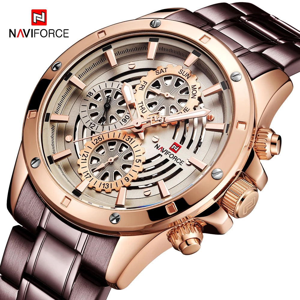 Relogio Masculino NAVIFORCE мужские часы модные кофейные цвета стальной ремешок кварцевые