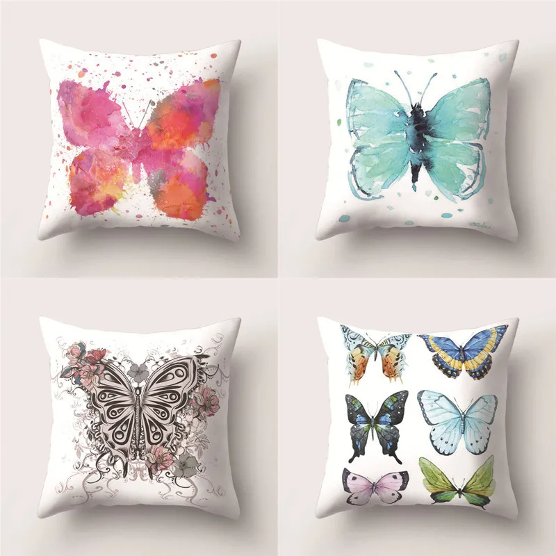 

Cotton Polyester Colourful Ink Painting Butterfly Cushion Cover Car Decorative Throw Pillow Case Sofa Home Decor