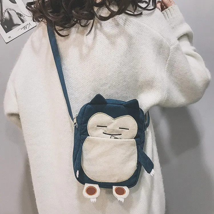 New Cute Cartoon Pokemon Pocket Monster Snorlax Corduroy Messenger Bag Embroidery Small Phone Purse Bag Toy Handbag Gift