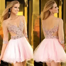 Sexy Hot 2016 V-ausschnitt Lace Cocktailkleider Langarm Homecoming Kleider Rosa Kurzen Abendkleid robe de cocktail