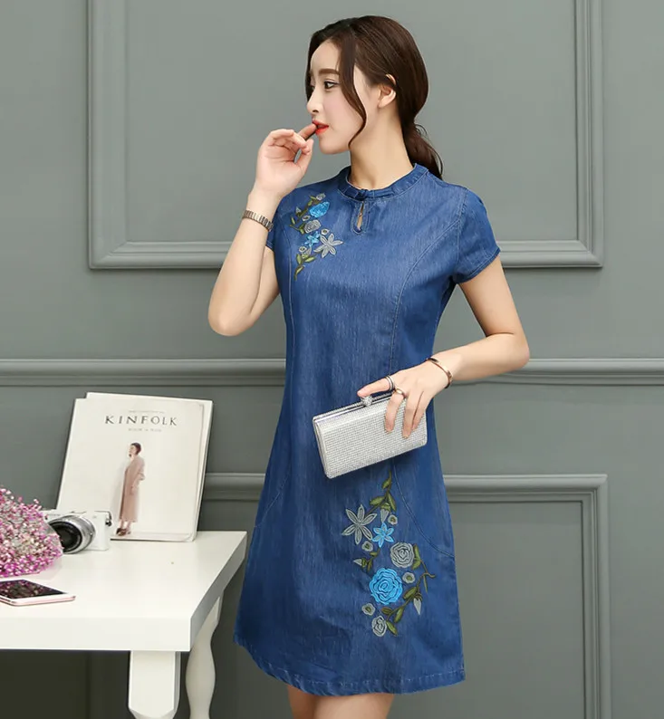 

Mr.nut summer new women's large size Slim O-ring buckle short-sleeved Chinese embroidered washed denim cheongsam dress