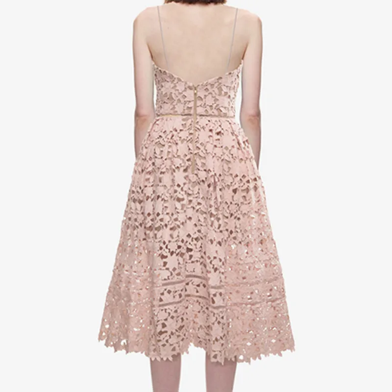 

2018 Summer Runway Dresses Women's Sexy Spaghetti Strap Lace Mid-Calf Dress Crochet V Neck Backless Dress Vestidos
