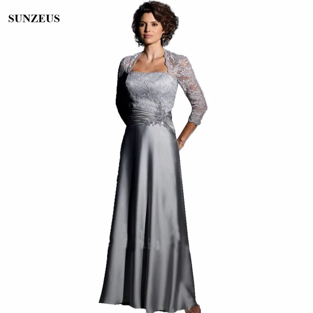 Long Grey Mother Of The Bride Dresses With Lace Jacket Three Quarter ...