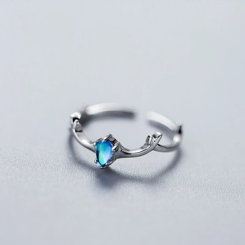 

S925 Sterling Silver Open Ring Female Style Fashion Blue Zircon Gradient elk Horn Ring Temperament Cute Index Finger Ring