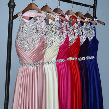 

2019 Luxury beading Long Evening Dresses Elegant Stain Halter prom gowns Crystal Formal Party dress Lace up vestido de festa