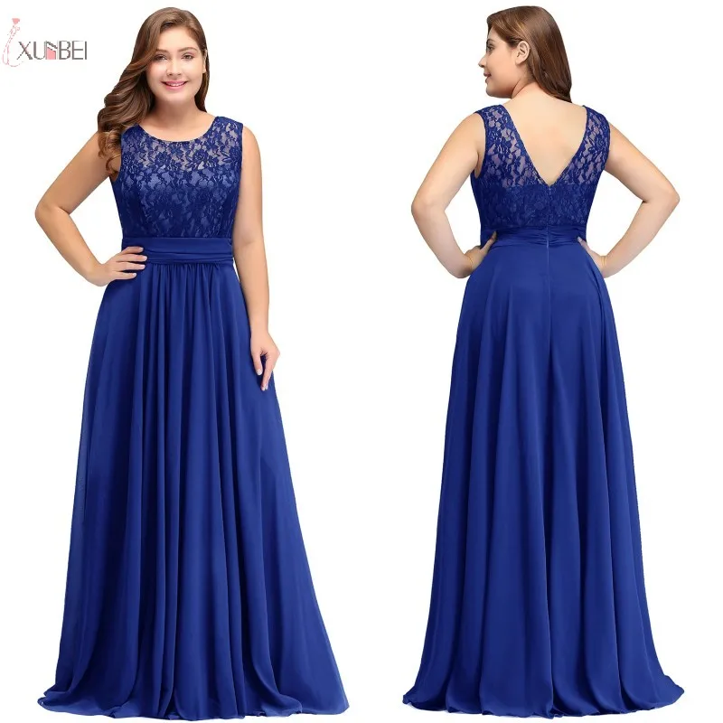

2019 Royal Blue Chiffon Plus Size Long Prom Dresses Lace Applique Sleeveless Prom Gown vestidos de festa