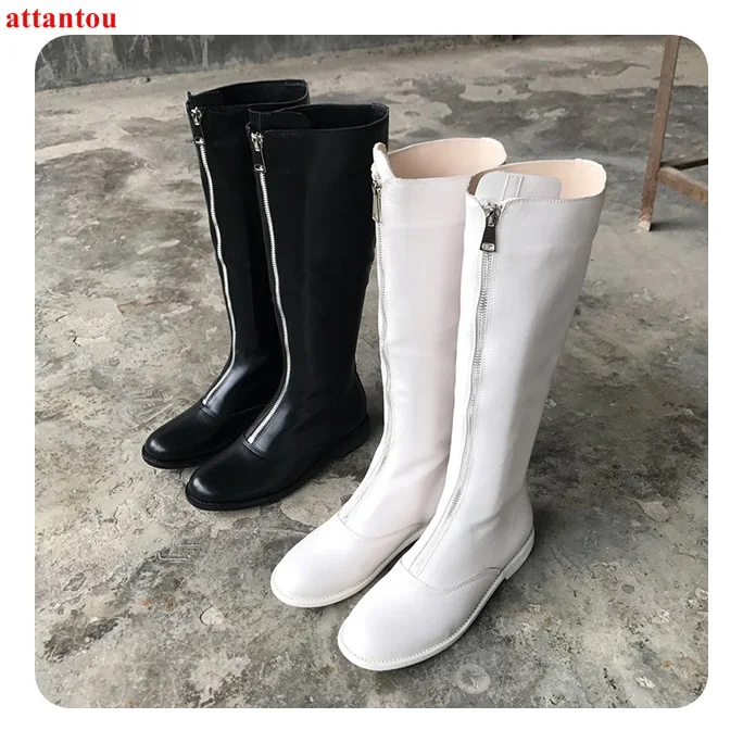 De Largas Otoño Negro Invierno Plano Zapatos Cuero Concisa Cómodos XPukOZi
