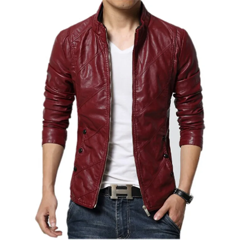 New Fashion PU Leather Jacket Men Black Red Brown Solid Mens Faux Fur Coats Trend Slim Fit Youth Motorcycle Suede Jacket Male