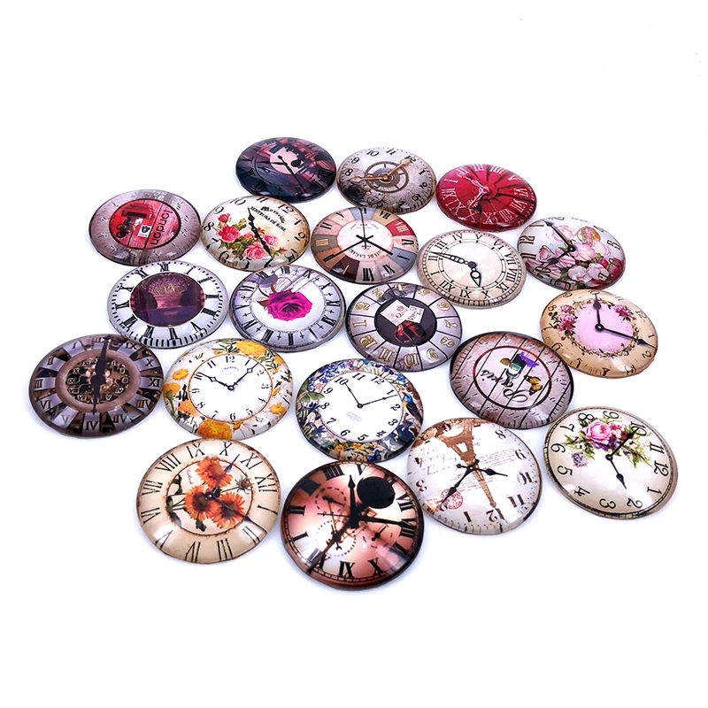 

20pcs/lot 18mm 20mm 25mm Round Retro Clock Pocket Watch Pattern Glass Cabochon for DIY Jewelry Making Findings T007