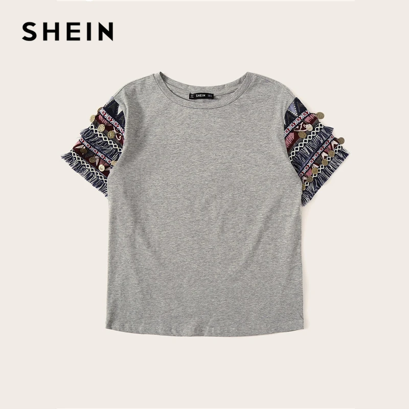 SHEIN الشعبية نمط رمادي هامش تقليم Heathered المحملة عارضة T قميص المرأة 2019 الصيف قصيرة الأكمام بسط بوهو لطيف التي شيرت قمم