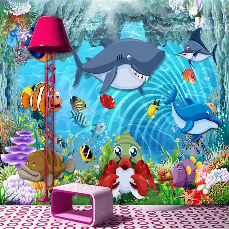 3D cartoon shark children's room background wall professional making mural photo wallpaper can be customized any size | Обустройство