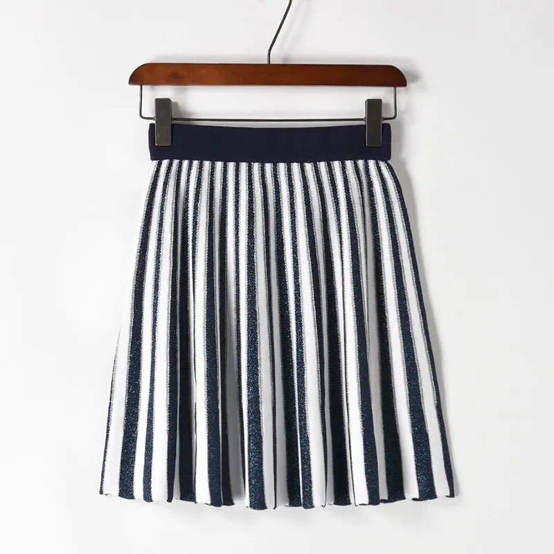 

Euro Style New Style Panelled Vertical Stripes Silver Line Half Skirt Fashion Youth All Matched Casual Lady Knitted Short Skirts