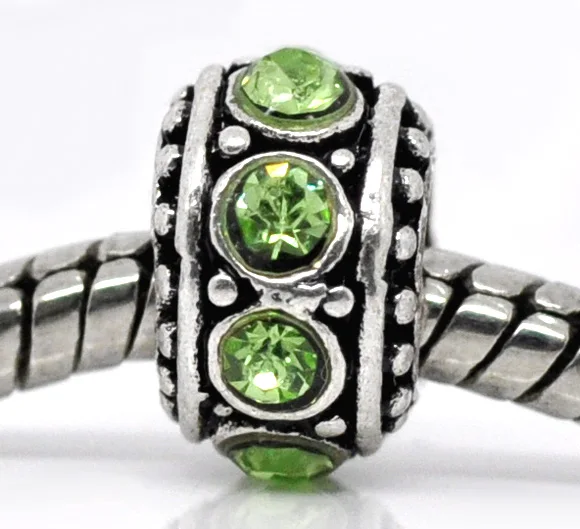 

European Style Charm Zinc alloy Beads Round Antique Silver Green Rhinestone About 11mmx11mm,Hole: Approx 4.7mm,1 Pc new