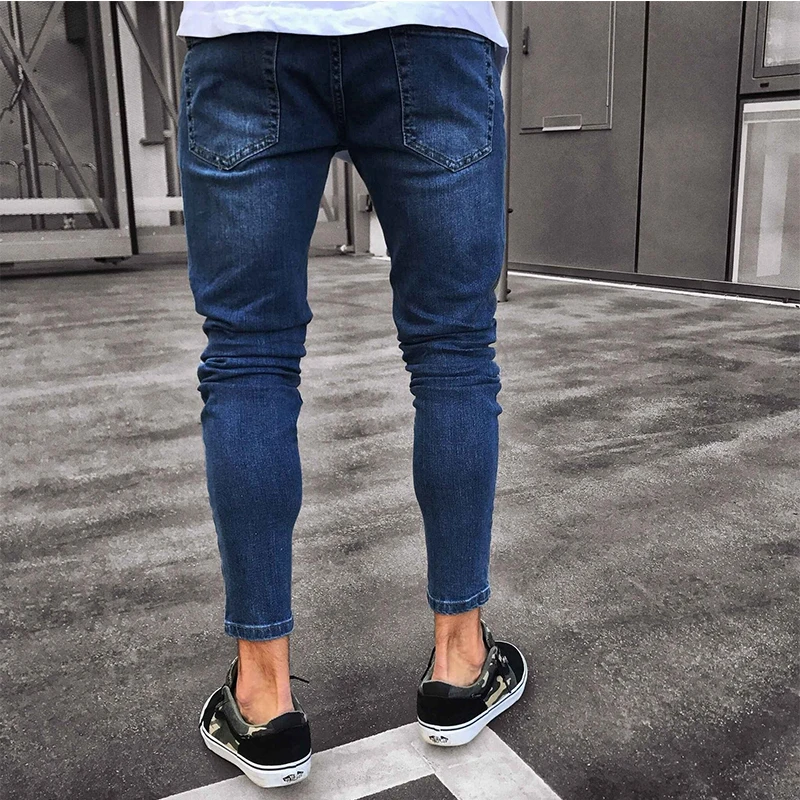 Men's Fashion Distressed Ripped Jeans Moto Black Denim Slim Skinny Fit TrousersNew Men Fashion Solid Color RippedHoleSkinnyJeans