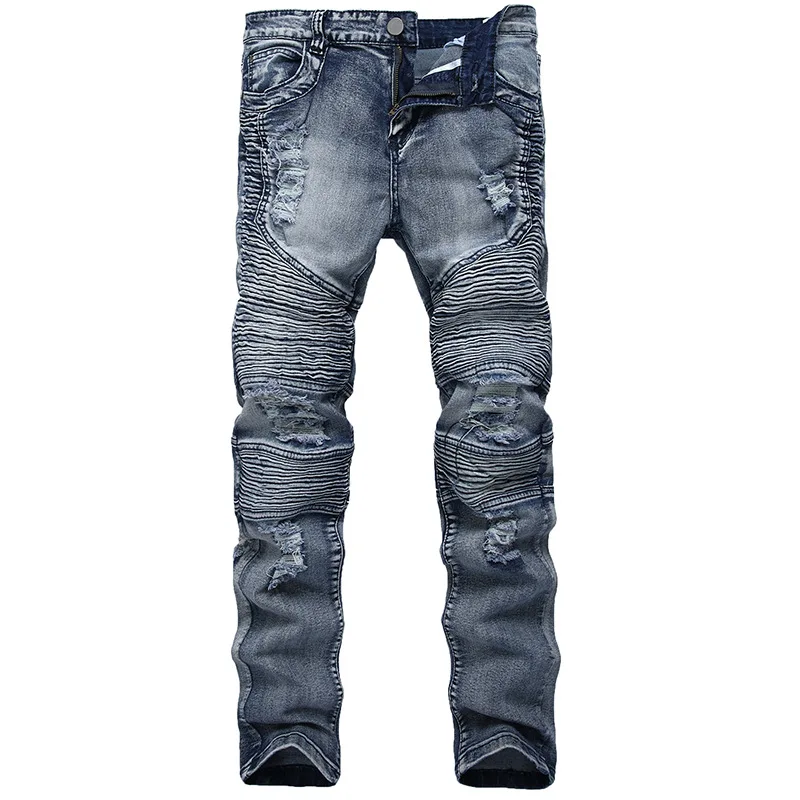 Мужские облегающие джинсы, тонкие эластичные потертые джинсы, байкерские джинсы, Мужские штаны в стиле хип-хоп, потертые мужские рваные джинсы для бега