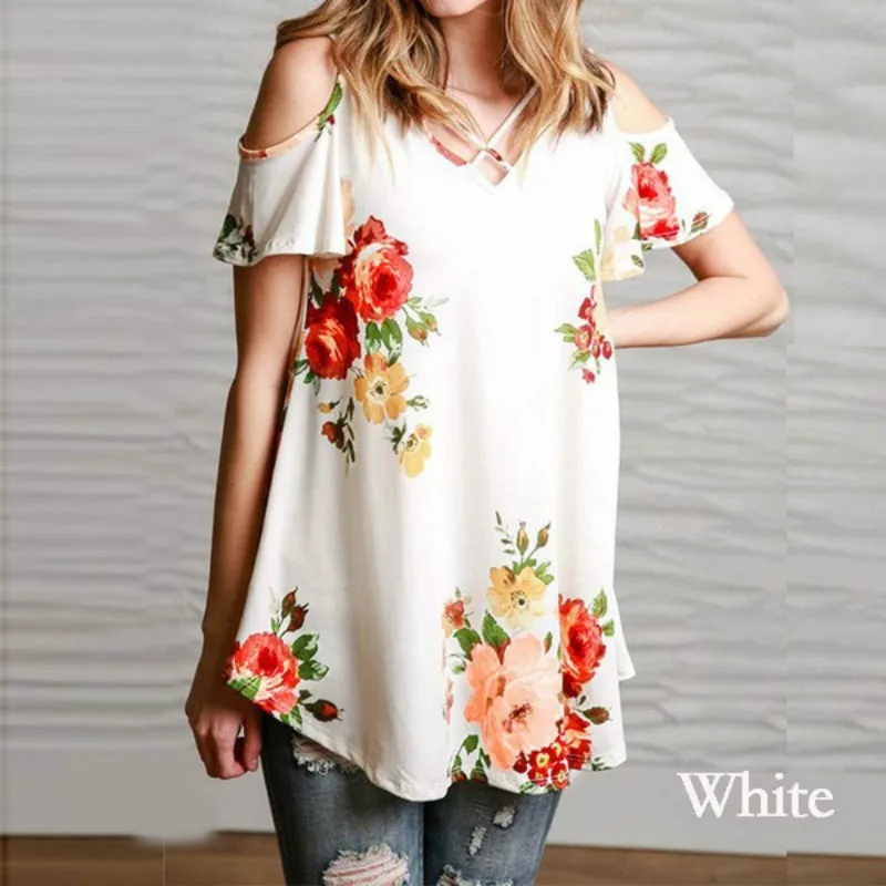 2018 New Floral Printing Summer Style Strapless Off Shoulder Flower Print Top Blusa Short Sleeve Blouses S-2XL |