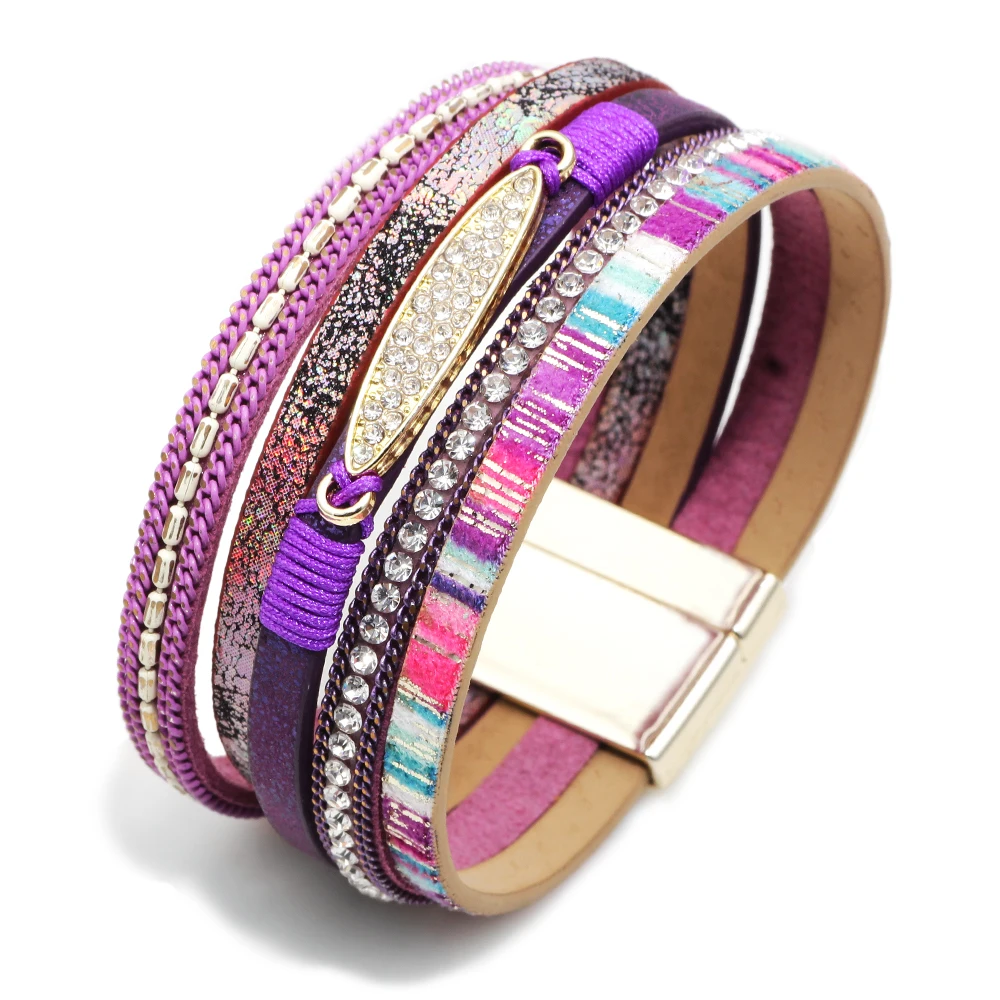 

2019 New Multi-layers Bohemia Wide Magnet Metal Beads Rhinestones Leather Bracelet Women Girl Dress Bangle pulseras hombre Gift