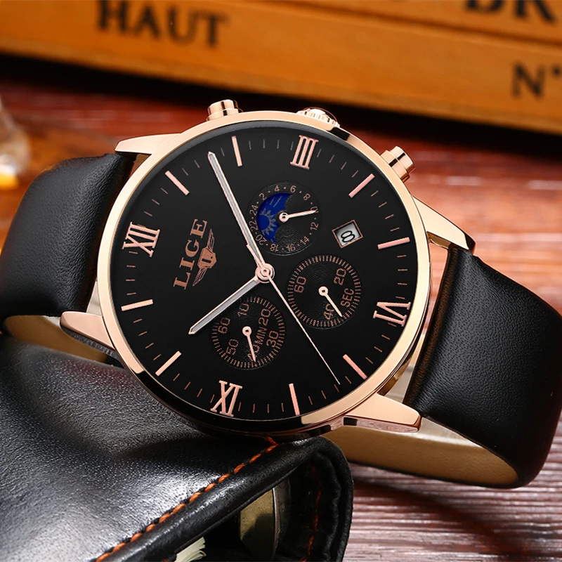 2017 LIGE Mens Watches Fashion Casual Sport Quartz Watch Men Chronograp Clock Man Leather Business Wrist watch Relogio Masculino