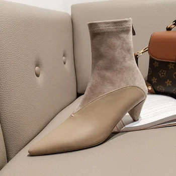 

GPOKHDS 2020 women ankle boots soft cow leather zippers winter short plush pointed toe high heels female ankle boots party dress