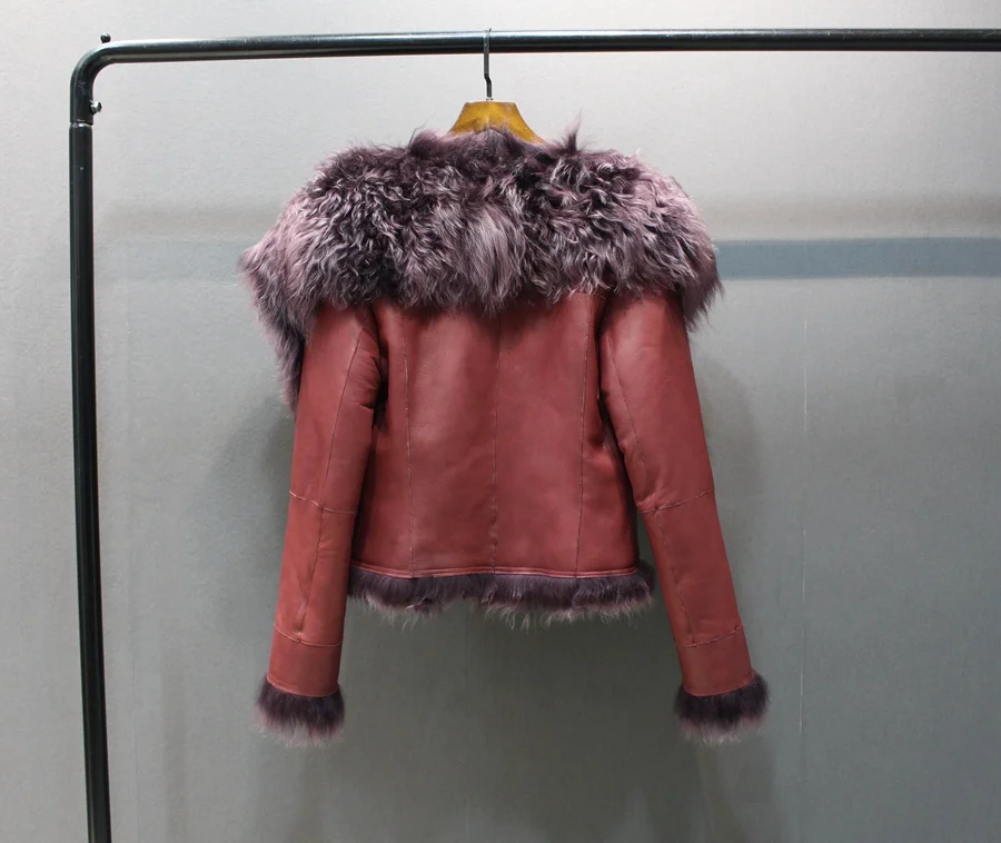 ladies genuine sheepskin leather and fur jacket big collar  (5)