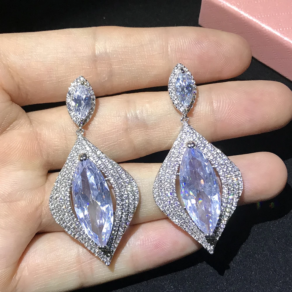 

Fashion Zircon Gold Colors Wedding Jewelry Luxury Long CZ Crystal Leaf Big Dangle Water Drop Earrings For Brides 925 silver