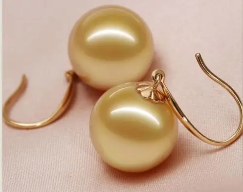 

natural huge11-12mm AAA++south sea round gold pearl dangle earrings 14kgold