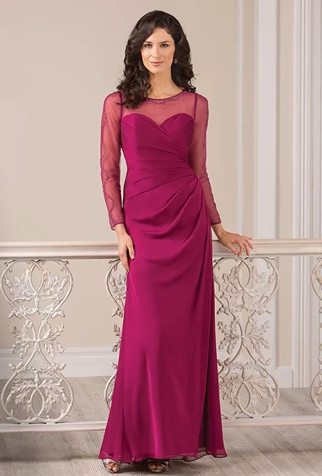 Mother-of-the-Bride-Dress-2016-Long-Mother-Dress-O-neck-Sheer-Long-Sleeve-Chiffon-Pleats