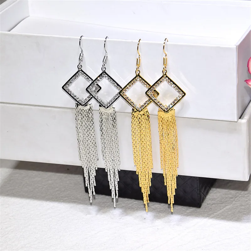

Ajojewel Statement Metal Tassel Long Earrings Rhinestone Square Crystal Pendant Drop Earrings For Party Gift Bijoux